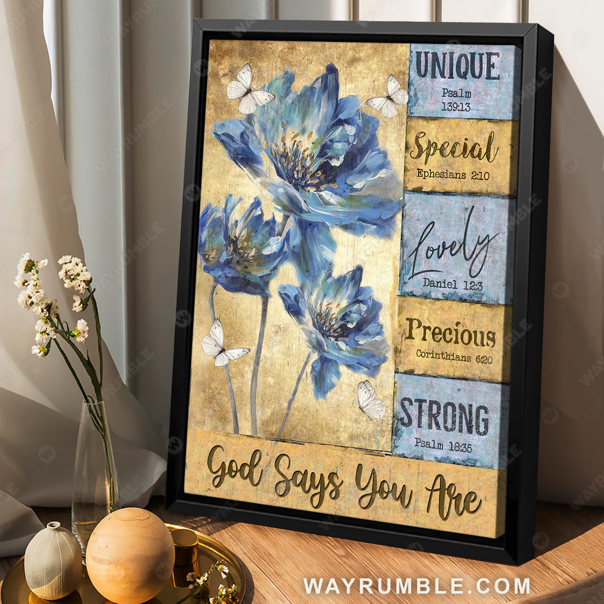 Watercolor blue flower, Butterfly painting, God says you are unique - Jesus Portrait Canvas Prints, Christian Wall Art