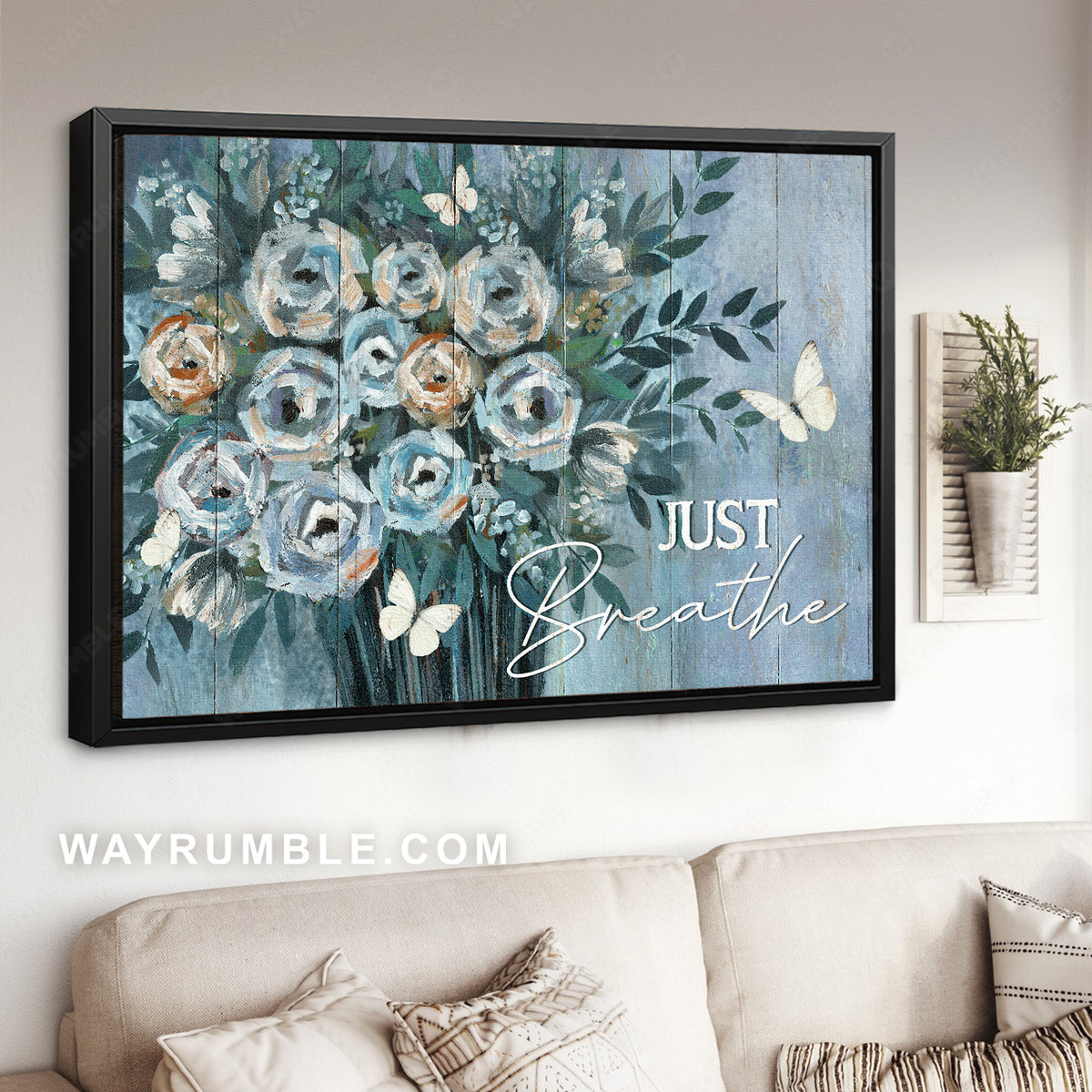 Blue flower vase, Watercolor painting, White butterfly, Just breathe - Jesus Landscape Canvas Prints, Christian Wall Art
