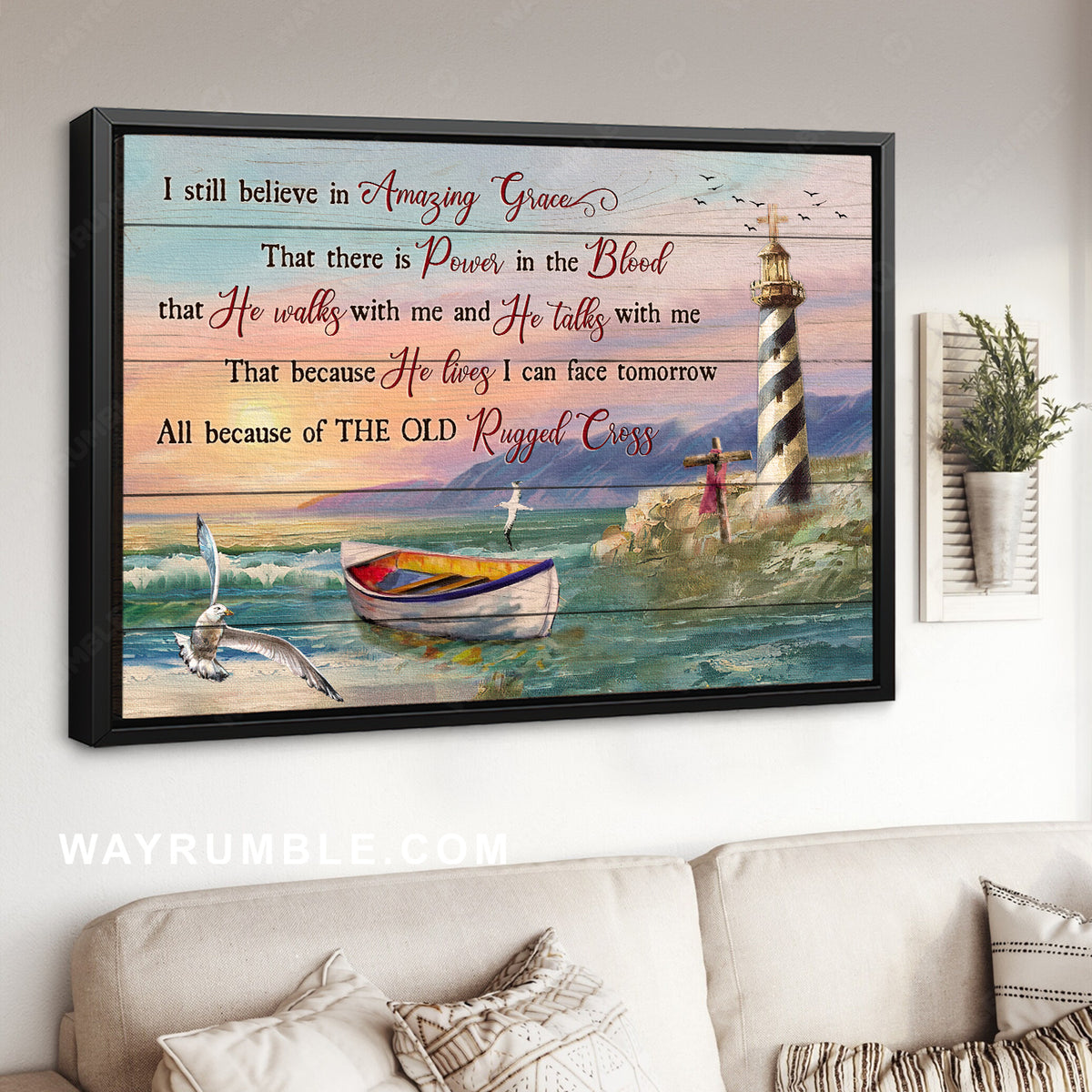 Sunset scene, Stunning ocean, Lighthouse, I still believe in amazing grace - Jesus Landscape Canvas Prints, Home Decor Wall Art