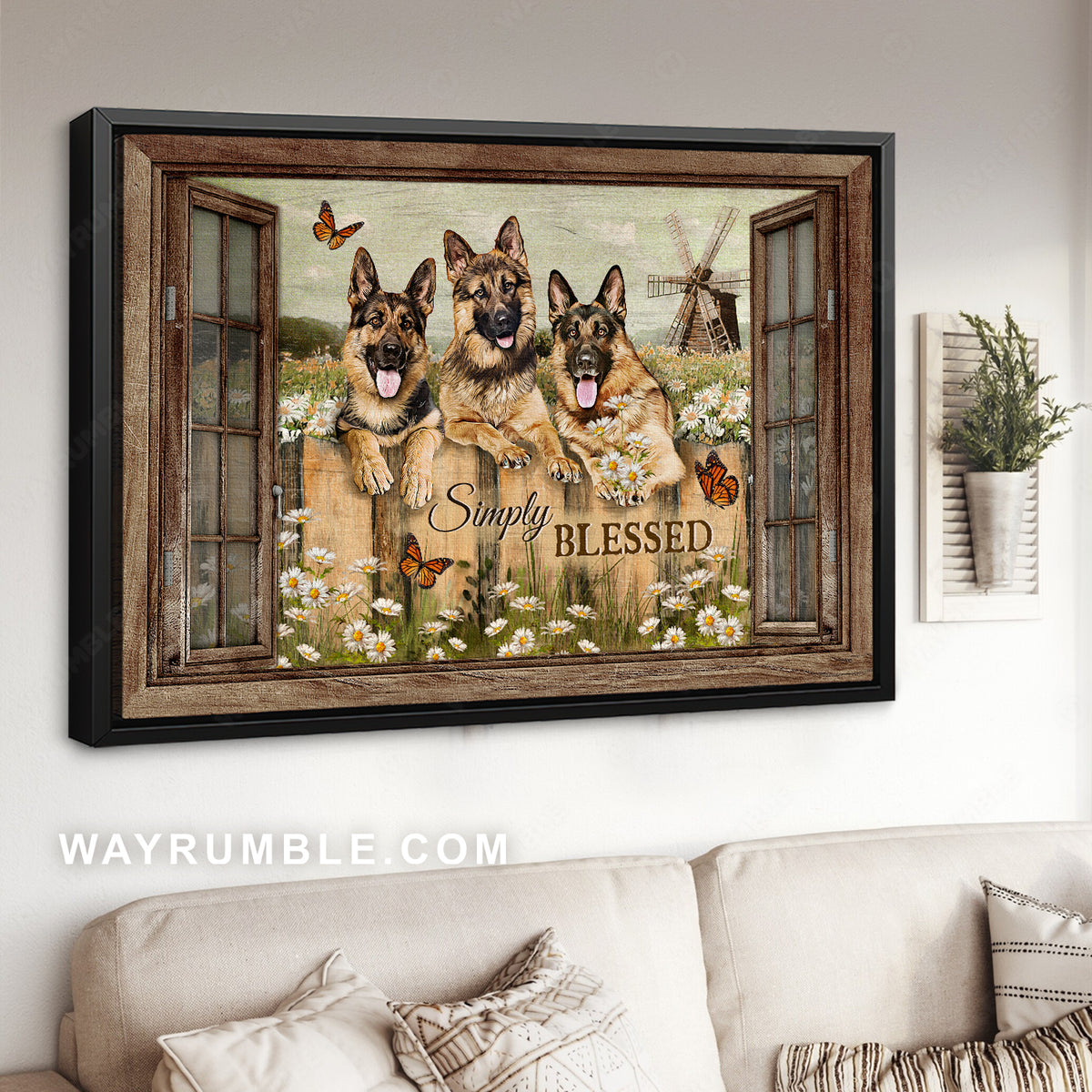 German Shepherd dog, Daisy field, Wooden windmill, Simply blessed - Jesus Landscape Canvas Prints, Christian Wall Art