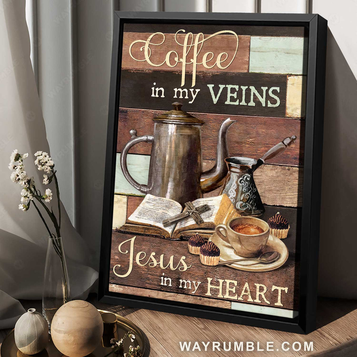 Coffee painting, Old bible, Wooden cross, Coffee in my veins - Jesus Portrait Canvas Prints, Home Decor Wall Art