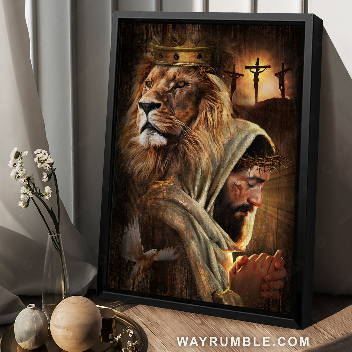 Watercolor lion, Pray with Jesus, Jesus on the cross, Special crown - Jesus Portrait Canvas Prints, Christian Wall Art
