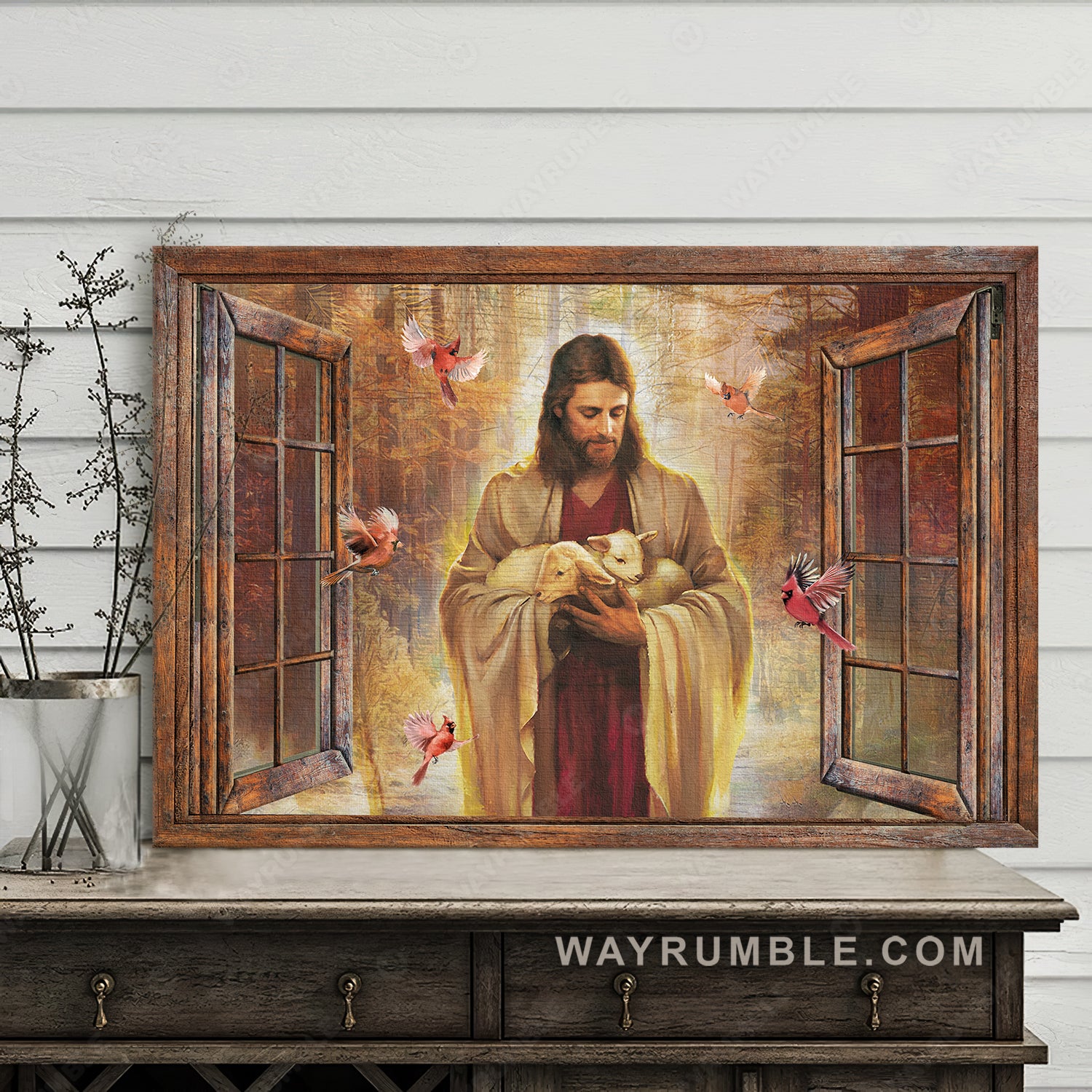 The life of Jesus, Red cardinal, Lamb of God, Autumn forest - Jesus Landscape Canvas Prints, Christian Wall Art
