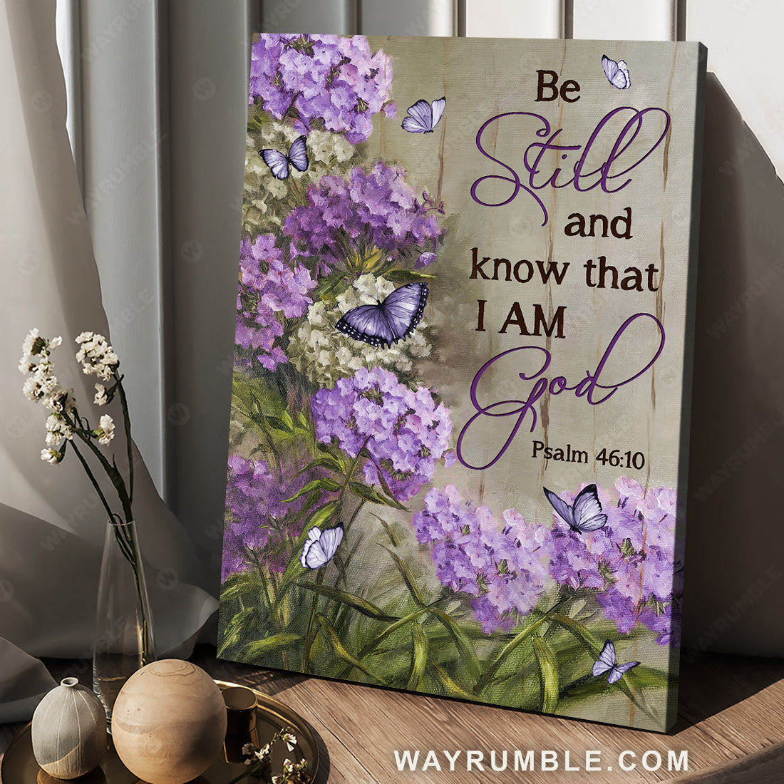 Pretty purple hydrangea, White butterfly, Be still and know that I am God - Jesus Portrait Canvas Prints, Christian Wall Art