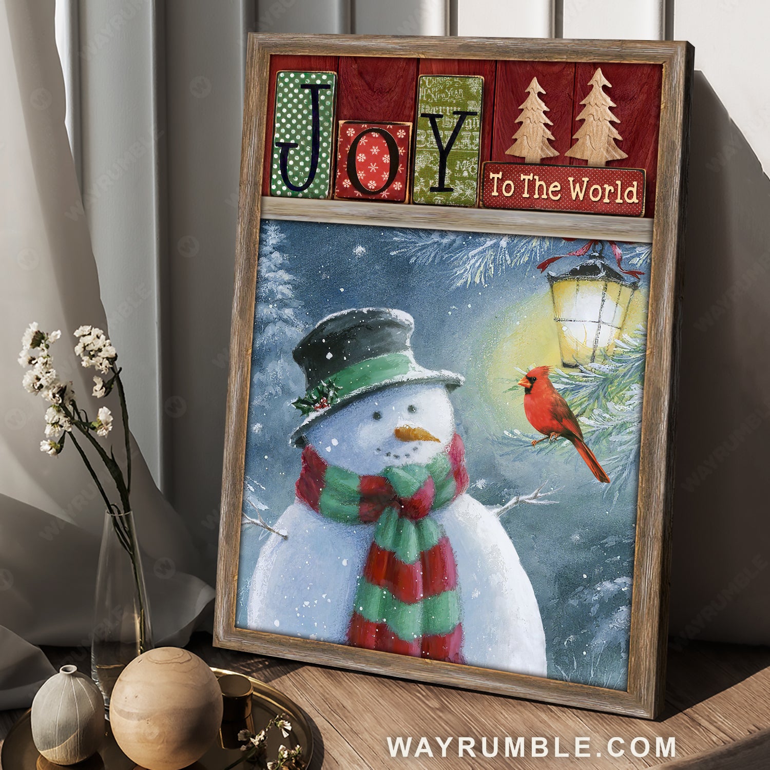 Watercolor snowman, Christmas night, Red cardinal, Joy to the world - Jesus Portrait Canvas Prints, Home Decor Wall Art