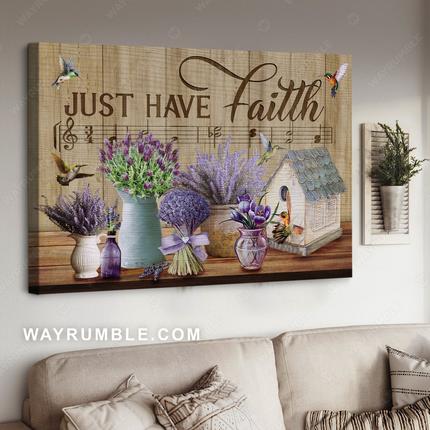 Pretty lavender, Purple flower, Colorful hummingbird, Just have faith - Jesus Landscape Canvas Prints, Home Decor Wall Art