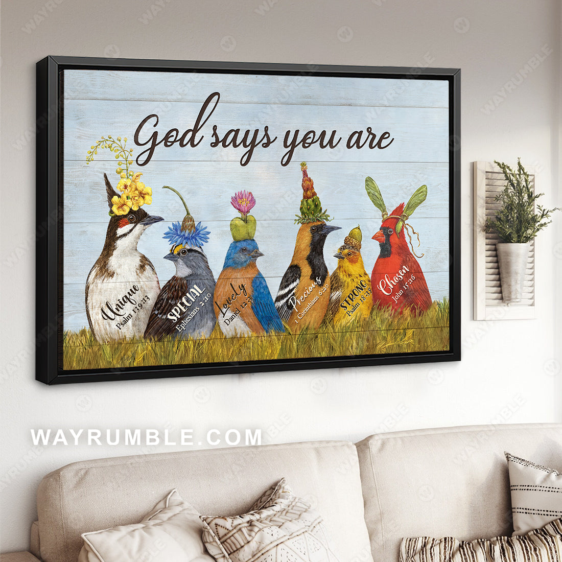Colorful bird drawing, Flower wreath, Meadow land, God says you are unique - Jesus Landscape Canvas Prints, Christian Wall Art