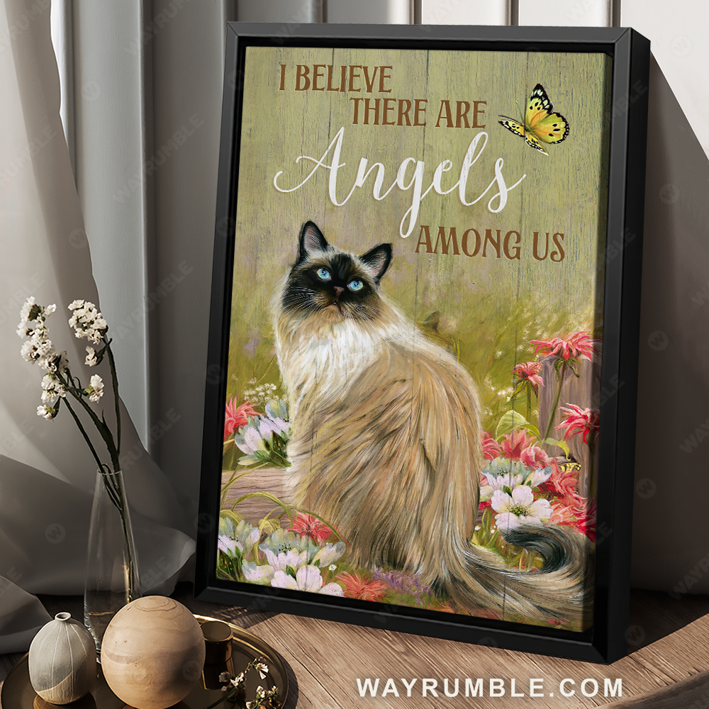 Beautiful cat, Pink flower garden, I believe there are angels among us - Jesus Portrait Canvas Prints, Christian Wall Art
