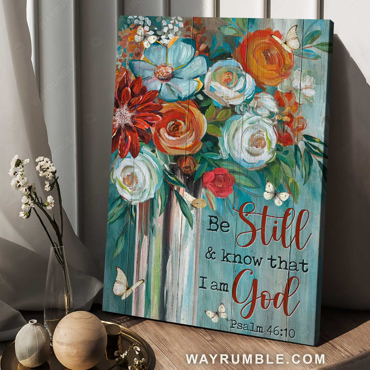 Watercolor flower painting, Red rose, Butterfly, Be still and know that I am God - Jesus Portrait Canvas Prints, Christian Wall Art