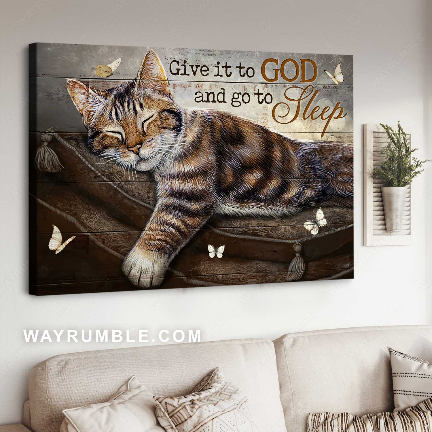 Sweet dream, Sleeping cat, White butterfly, Give it to God and go to sleep - Jesus Landscape Canvas Prints, Christian Wall Art