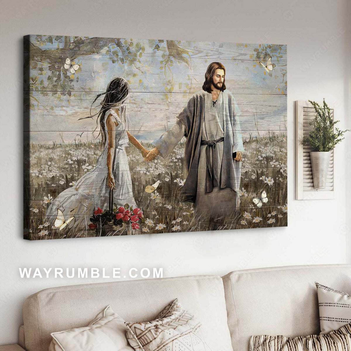 Daisy field, Pretty girl, Rose vase, Walking with Jesus - Jesus Landscape Canvas Prints, Christian Wall Art