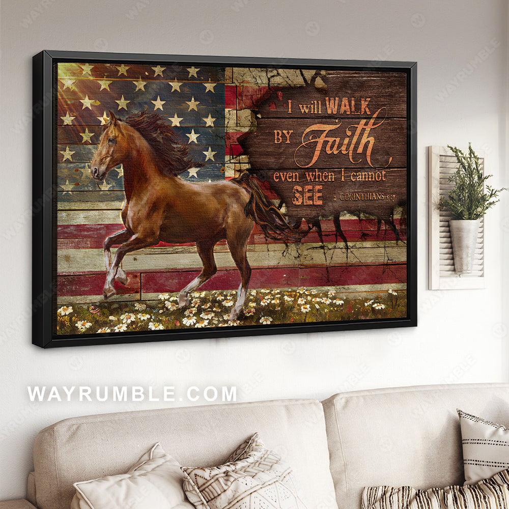 Running horse, US flag background, Daisy field, I will walk by faith - Jesus Landscape Canvas Prints, Christian Wall Art
