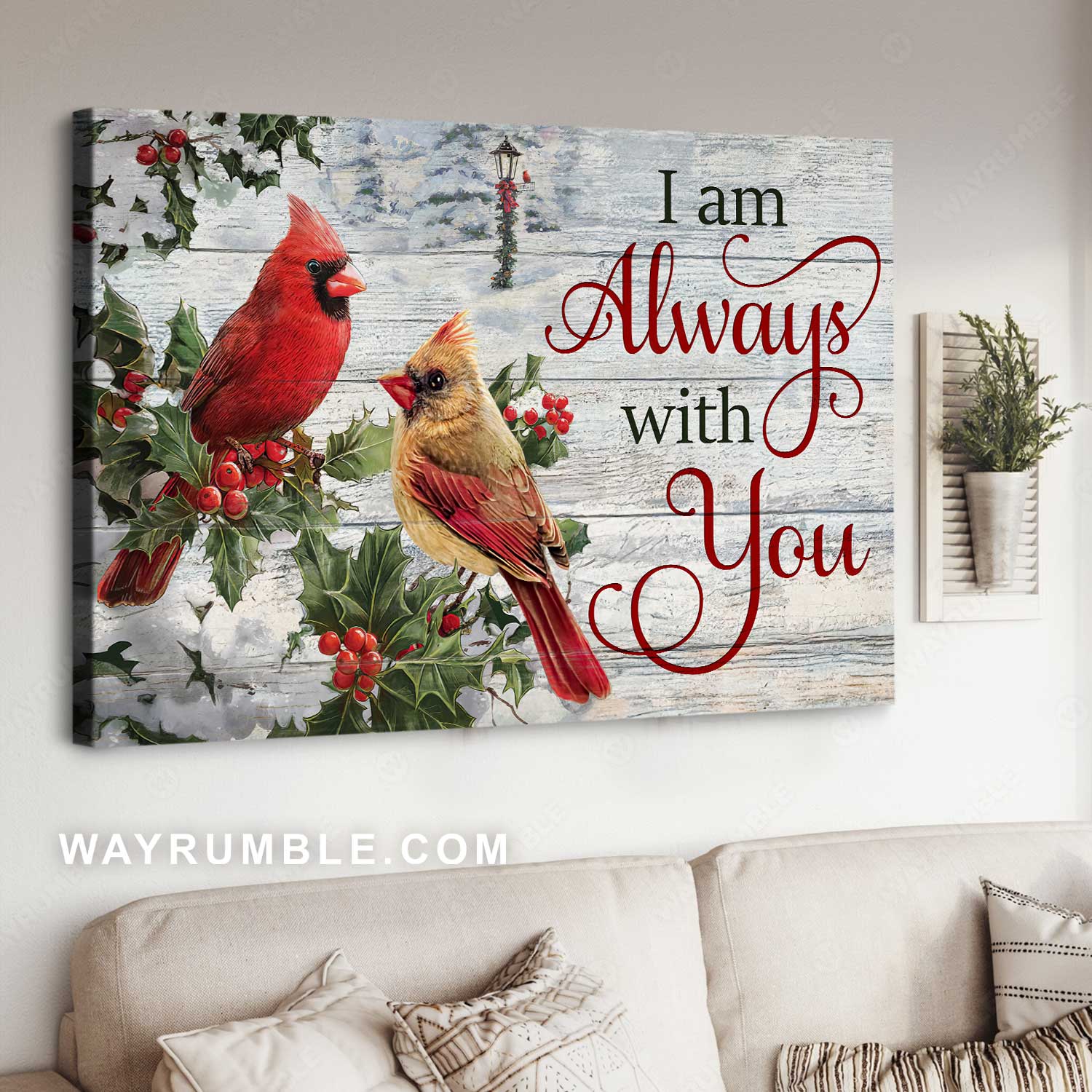 Little cardinal, Winter mountain, Cranberry drawing, I am always with you - Jesus Landscape Canvas Prints, Home Decor Wall Art