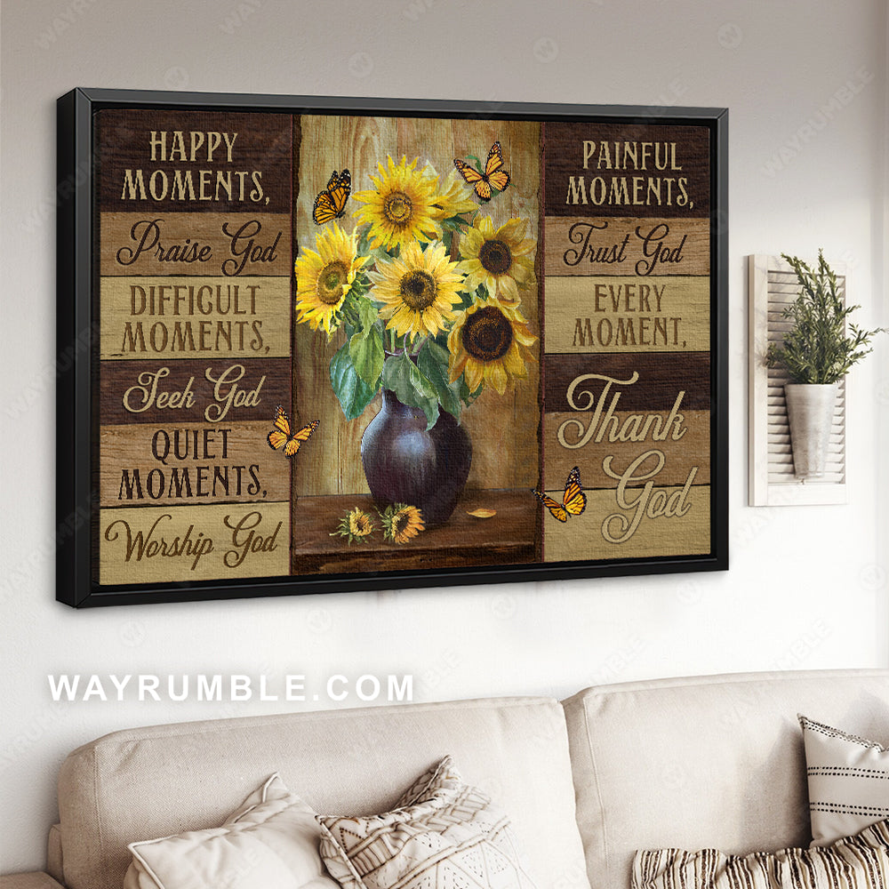 Sunflower vase, Still life painting, Orange butterfly, Happy moment, Praise God - Jesus Landscape Canvas Prints, Christian Wall Art