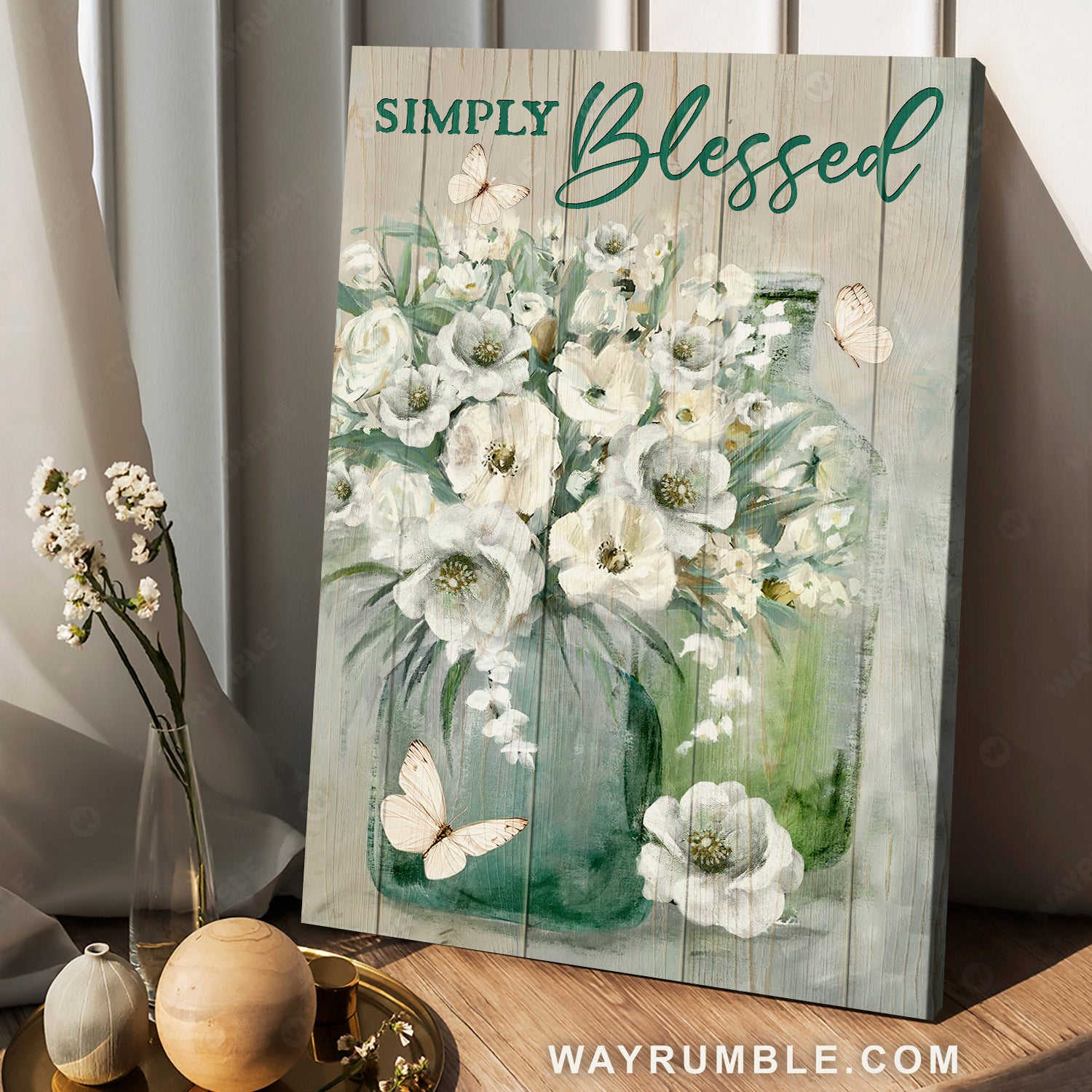 White flower vase, Watercolor flower painting, Butterfly, Simply blessed - Jesus Portrait Canvas Prints, Home Decor Wall Art