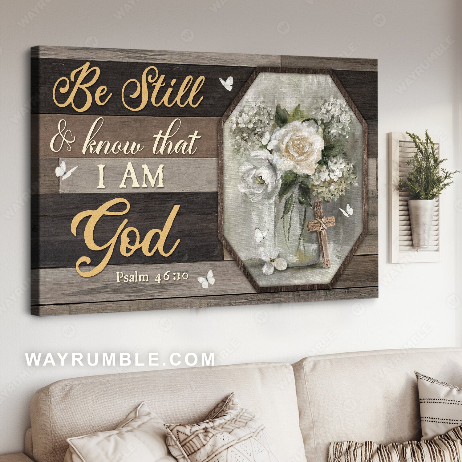 Beautiful flower, White rose, Small cross, Be still and know that I am God - Jesus Landscape Canvas Prints, Home Decor Wall Art