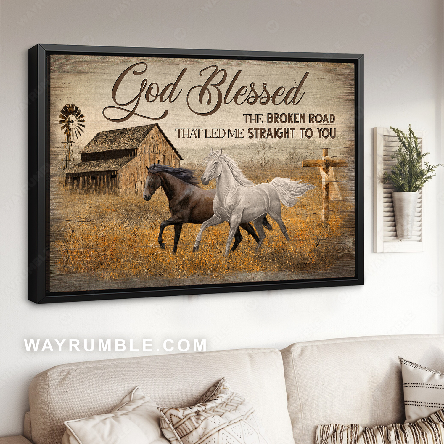 Wild horses, Old barn painting, Windmill, God blessed the broken road - Jesus Landscape Canvas Prints, Christian Wall Art