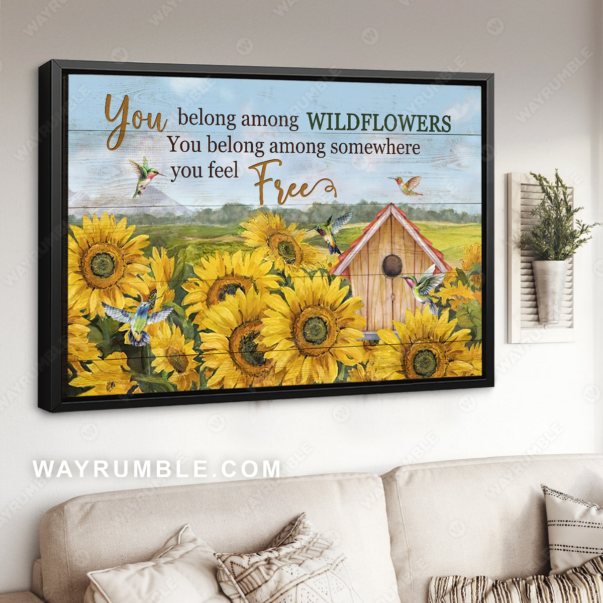 Stunning sunflower field, Cute hummingbird, You belong among wildflowers - Jesus Landscape Canvas Prints, Home Decor Wall Art