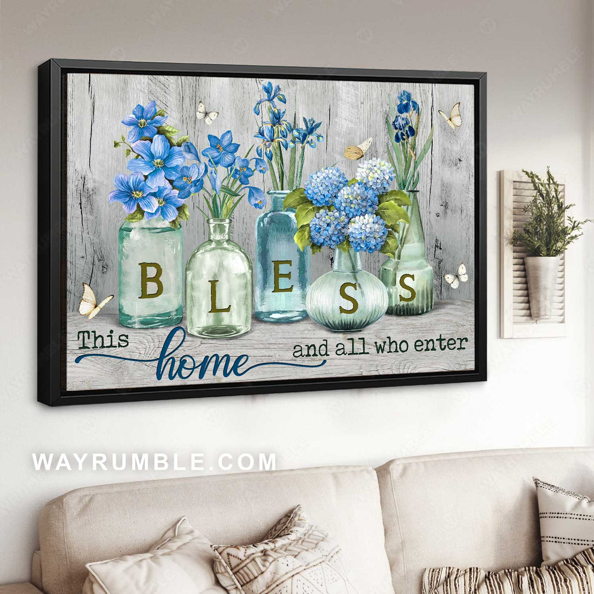 Blue flower, Pretty hydrangea, Butterfly, Bless this home and all who enter - Jesus Landscape Canvas Prints, Home Decor Wall Art