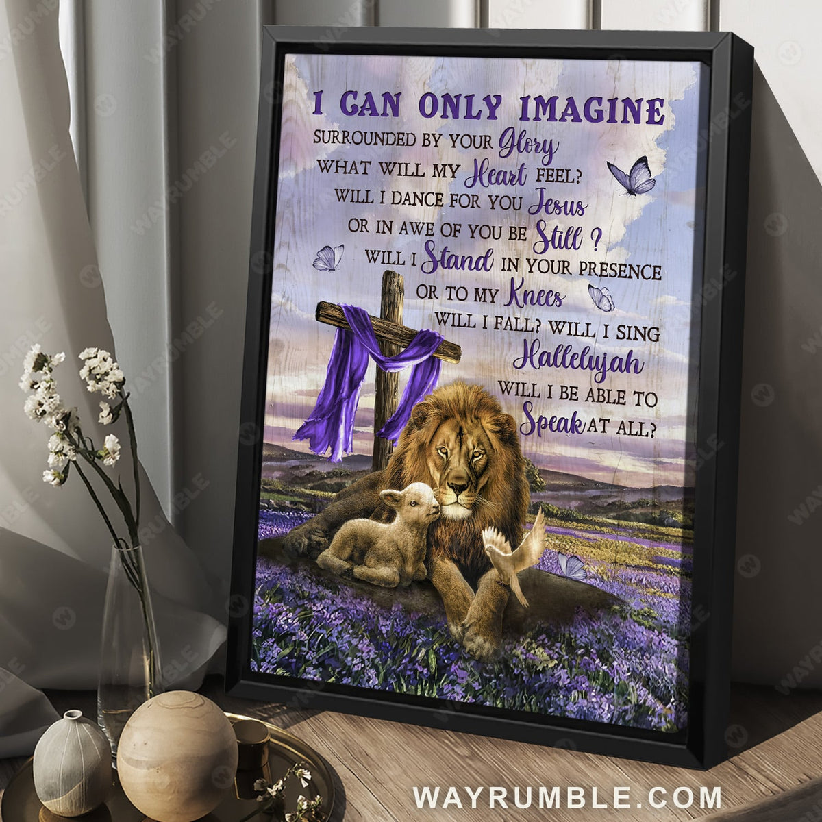 Lion drawing, Lavender field, Wooden cross, Purple background, I can only imagine - Jesus Portrait Canvas Prints, Christian Wall Art