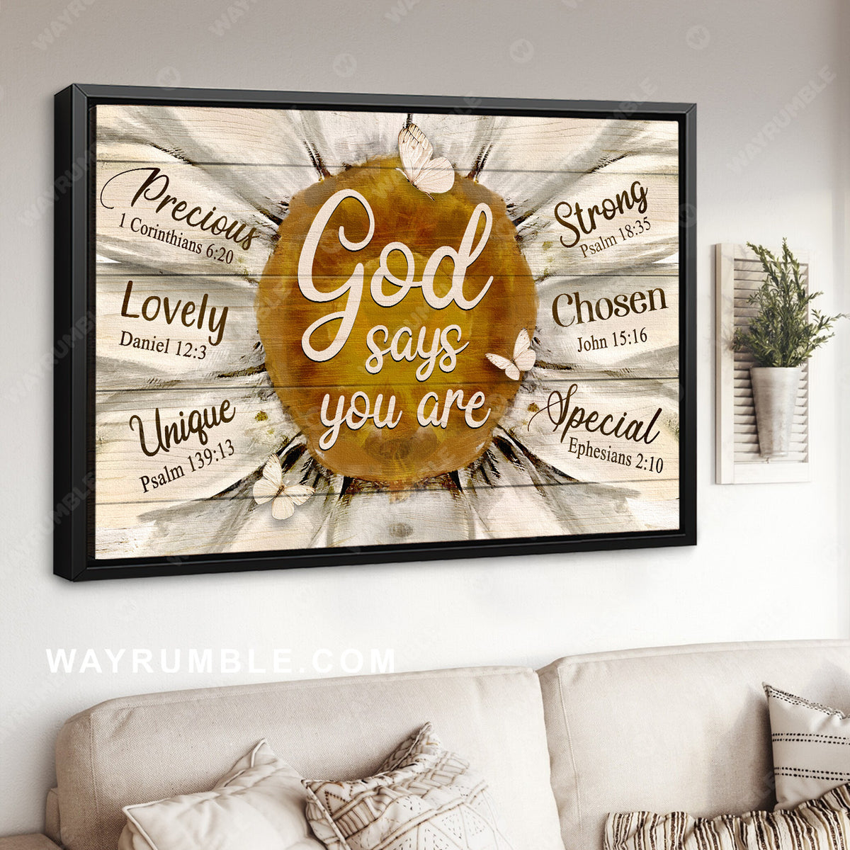Sunflower frame, Pretty flower, White butterfly, God says you are unique - Jesus Landscape Canvas Prints, Home Decor Wall Art