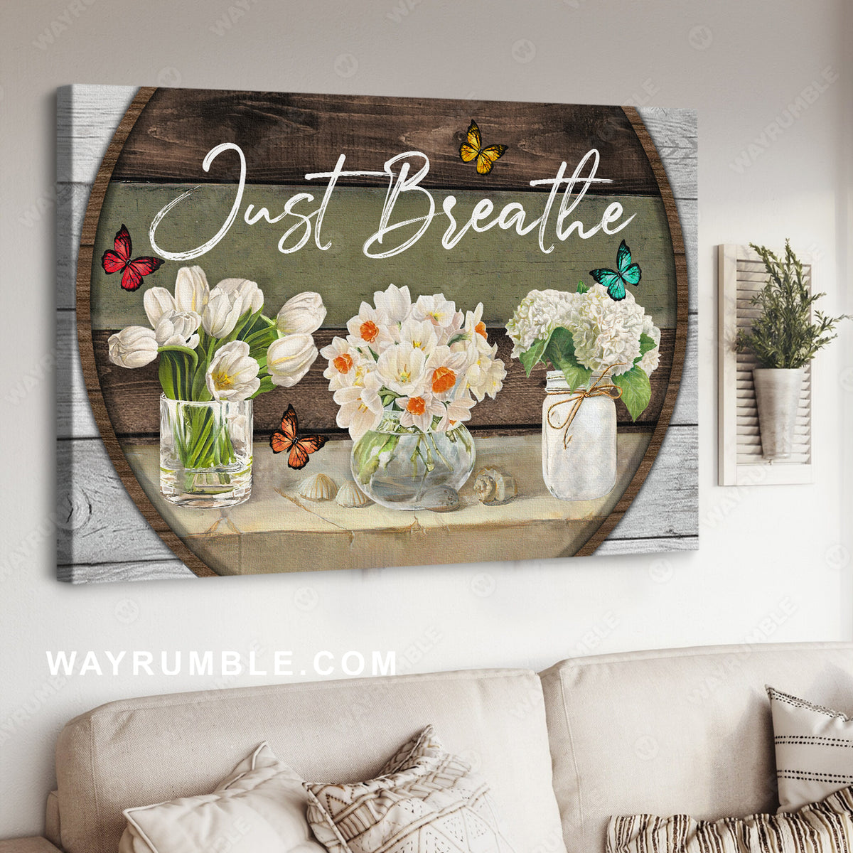 White flower painting, Colorful butterfly, Circle frame, Just breathe - Jesus Landscape Canvas Prints, Christian Wall Art