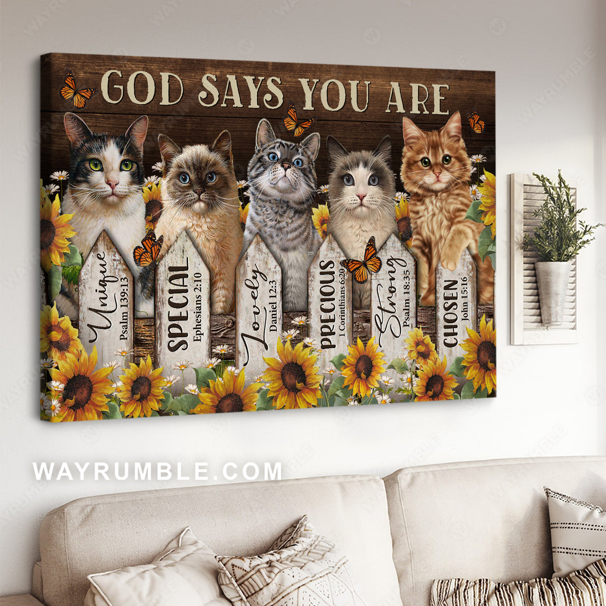 Little cat painting, Wooden fence, Sunflower garden, God says you are unique - Jesus Landscape Canvas Prints, Christian Wall Art