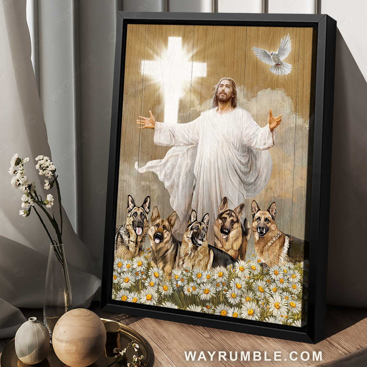 Jesus artwork, Stunning German Shepherd, Daisy field, Light cross - Jesus Portrait Canvas Prints, Home Decor Wall Art