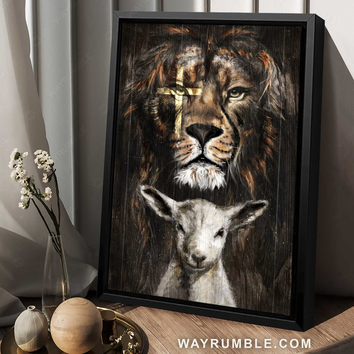 Yellow cross, Angry lion of Judah, Little lamb artwork - Jesus Portrait Canvas Prints, Home Decor Wall Art