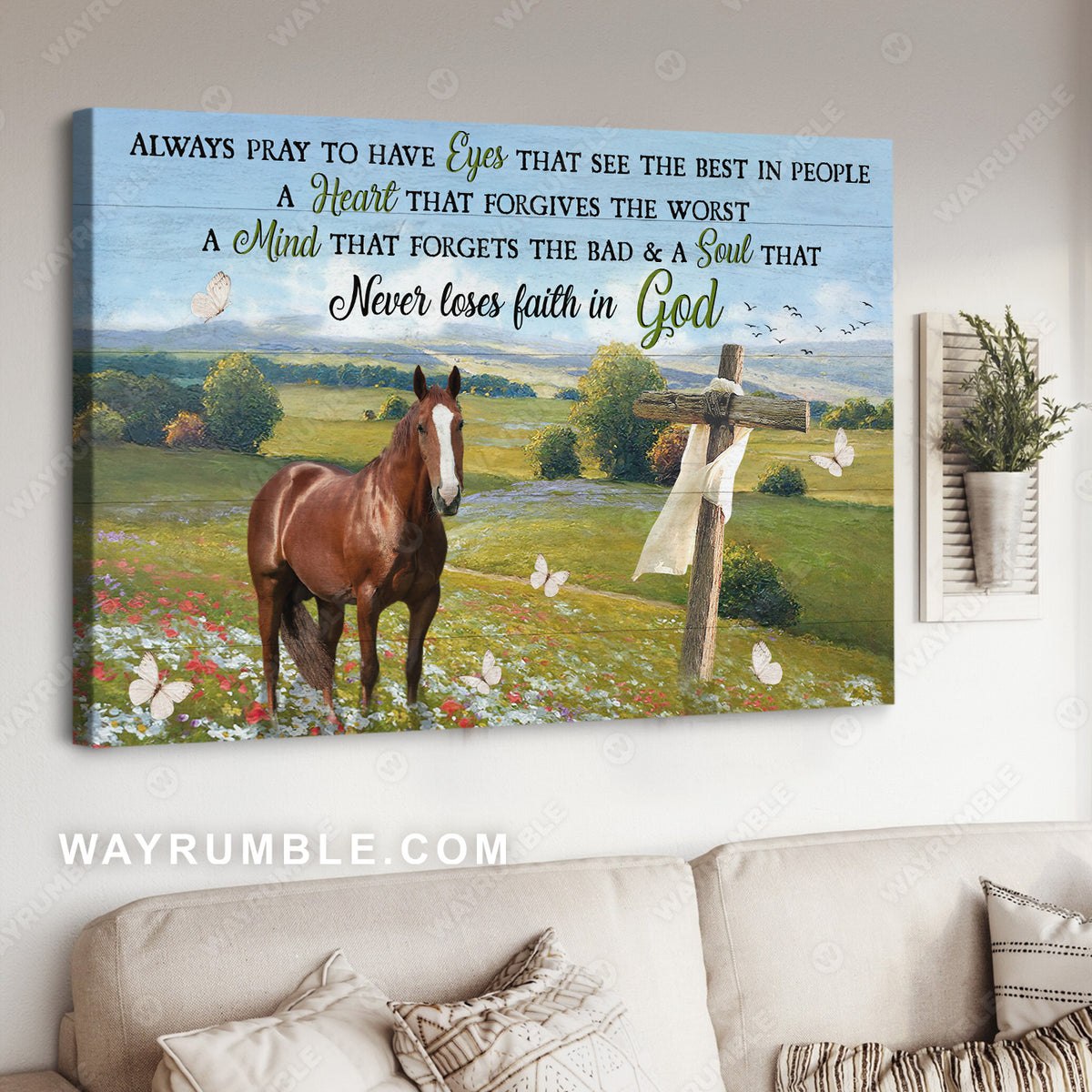 Green meadow land, Quarter horse, Cross, Never loses faith in God - Jesus Landscape Canvas Prints, Christian Wall Art