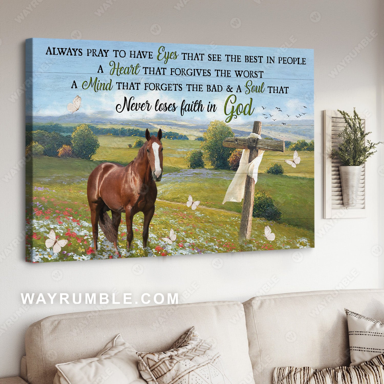Green meadow land, Quarter horse, Cross, Never loses faith in God - Jesus Landscape Canvas Prints, Christian Wall Art