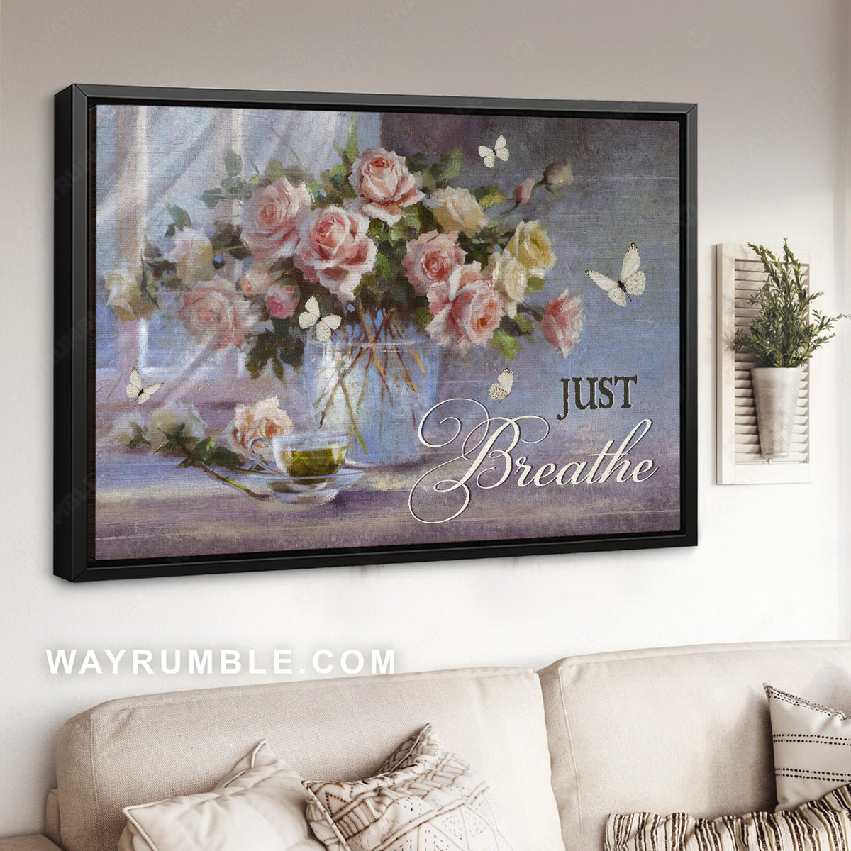 Vintage rose, Tea cup, Still life painting, Just breathe - Jesus Landscape Canvas Prints, Christian Wall Art