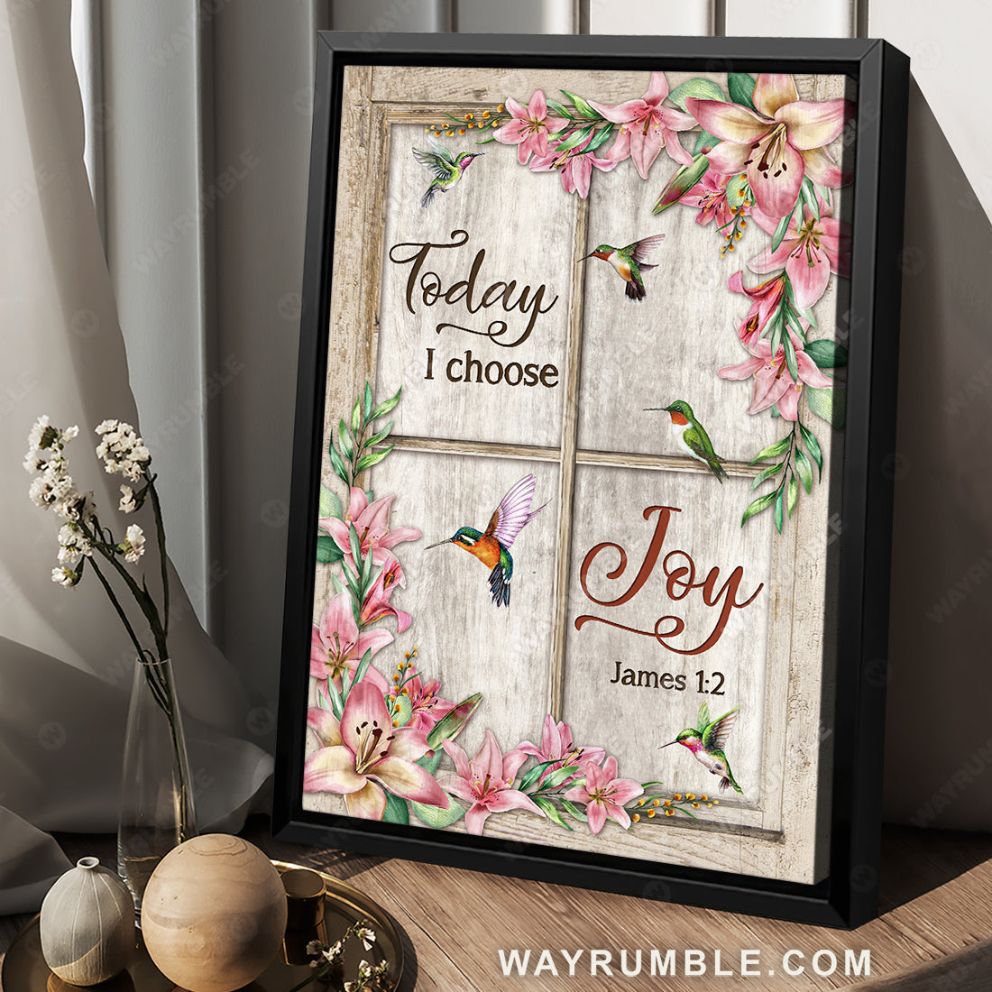 Pink lily flower, Colorful hummingbird, Today I choose joy - Jesus Portrait Canvas Prints, Christian Wall Art