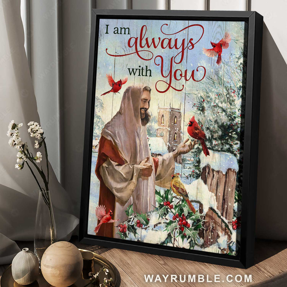 Christmas painting, Jesus drawing, Red cardinal, I am always with you - Jesus Portrait Canvas Prints, Home Decor Wall Art