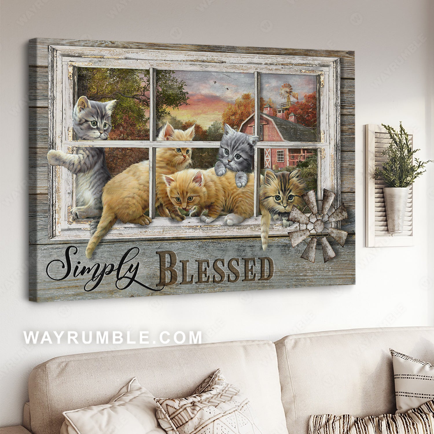 Little cat painting, Antique window, Countryside drawing, Simply blessed - Jesus Landscape Canvas Prints, Christian Wall Art