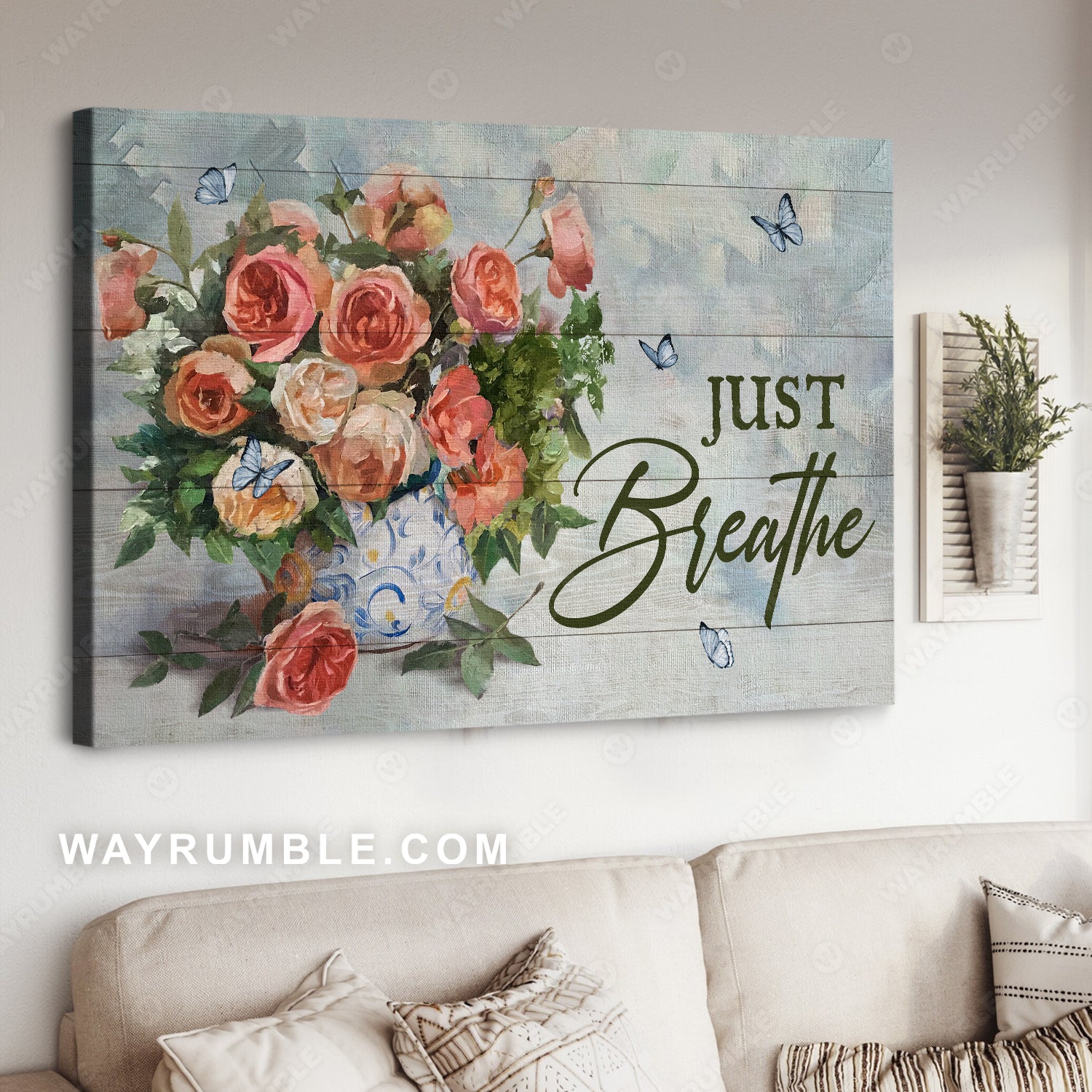 Orange rose, Vintage flower, Blue butterfly, Still life painting, Just breathe - Jesus Landscape Canvas Prints, Home Decor Wall Art