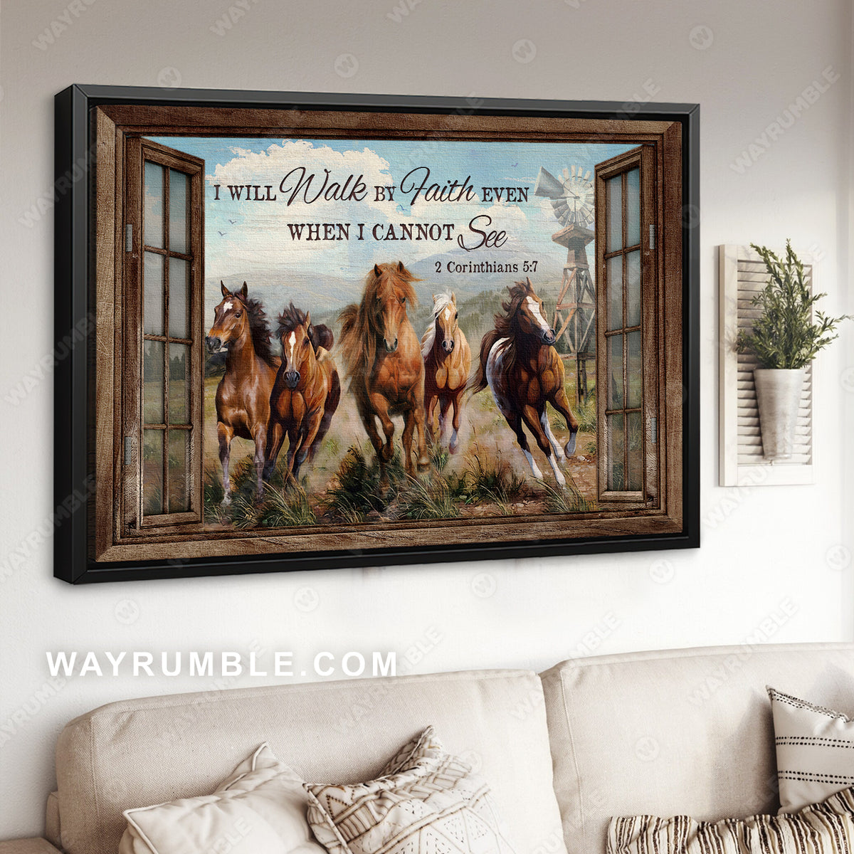 Running horses, Meadow land, Windmill, I will walk by faith - Jesus Landscape Canvas Prints, Christian Wall Art