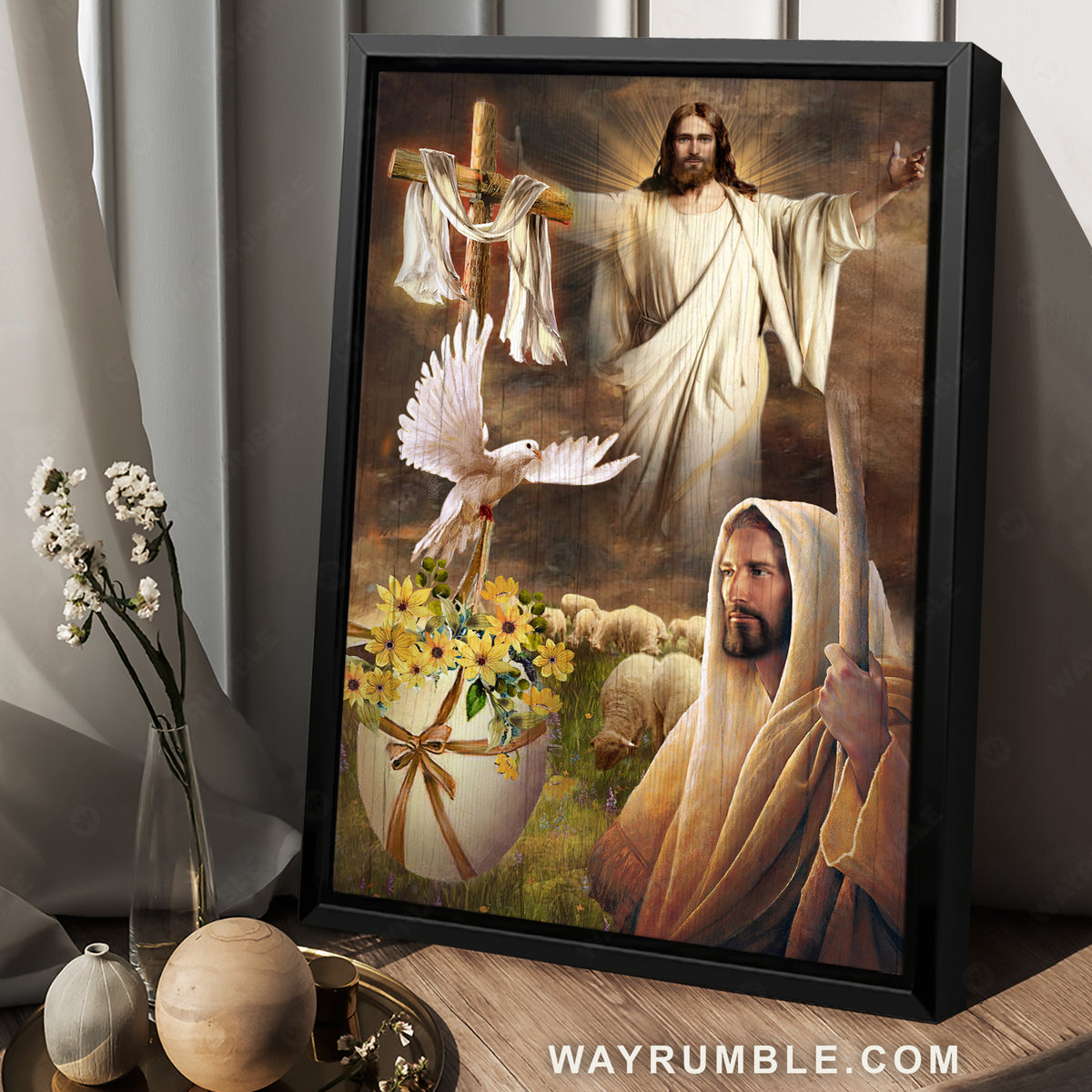 Beautiful Jesus painting, Watercolor dove, Cross, Yellow flower - Jesus Portrait Canvas Prints, Christian Wall Art