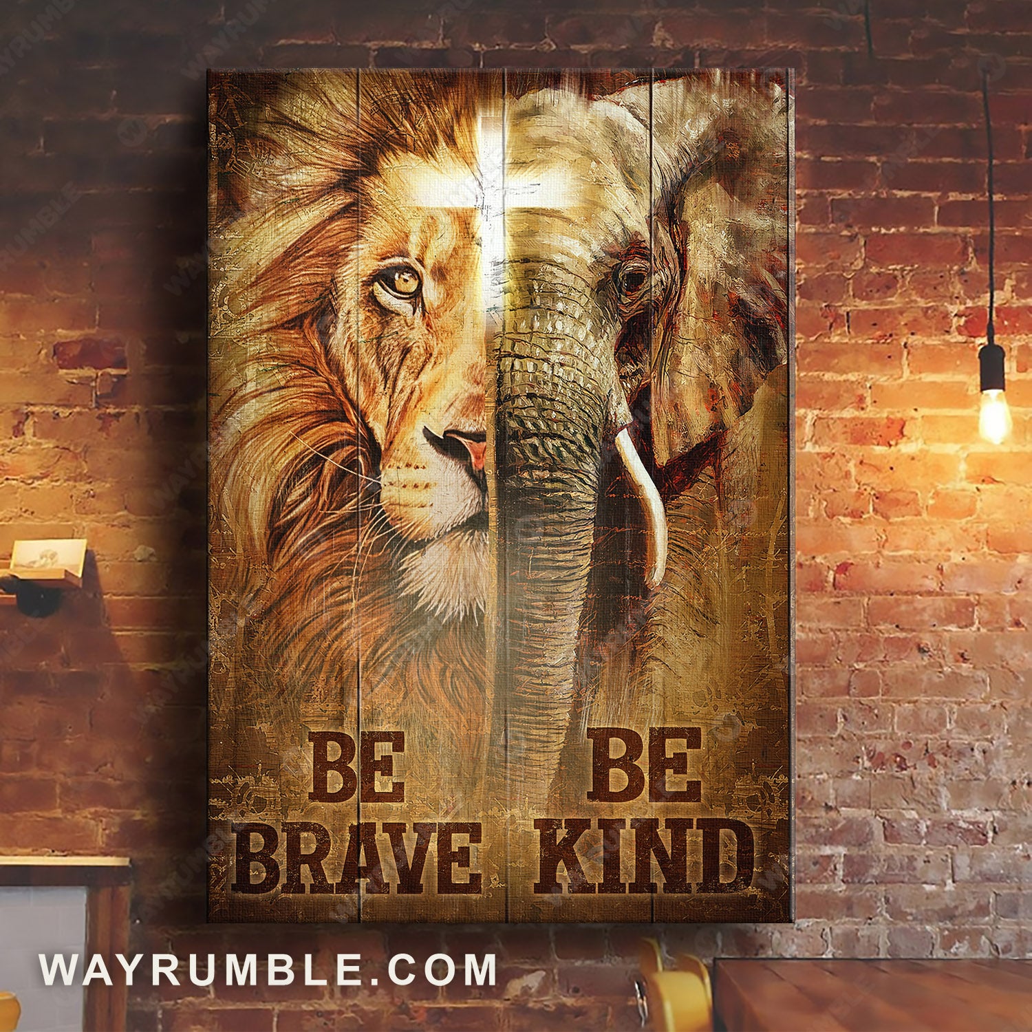 Stunning elephant, Brown lion, Cross symbol, Be brave, Be kind - Jesus Portrait Canvas Prints, Christian Wall Art