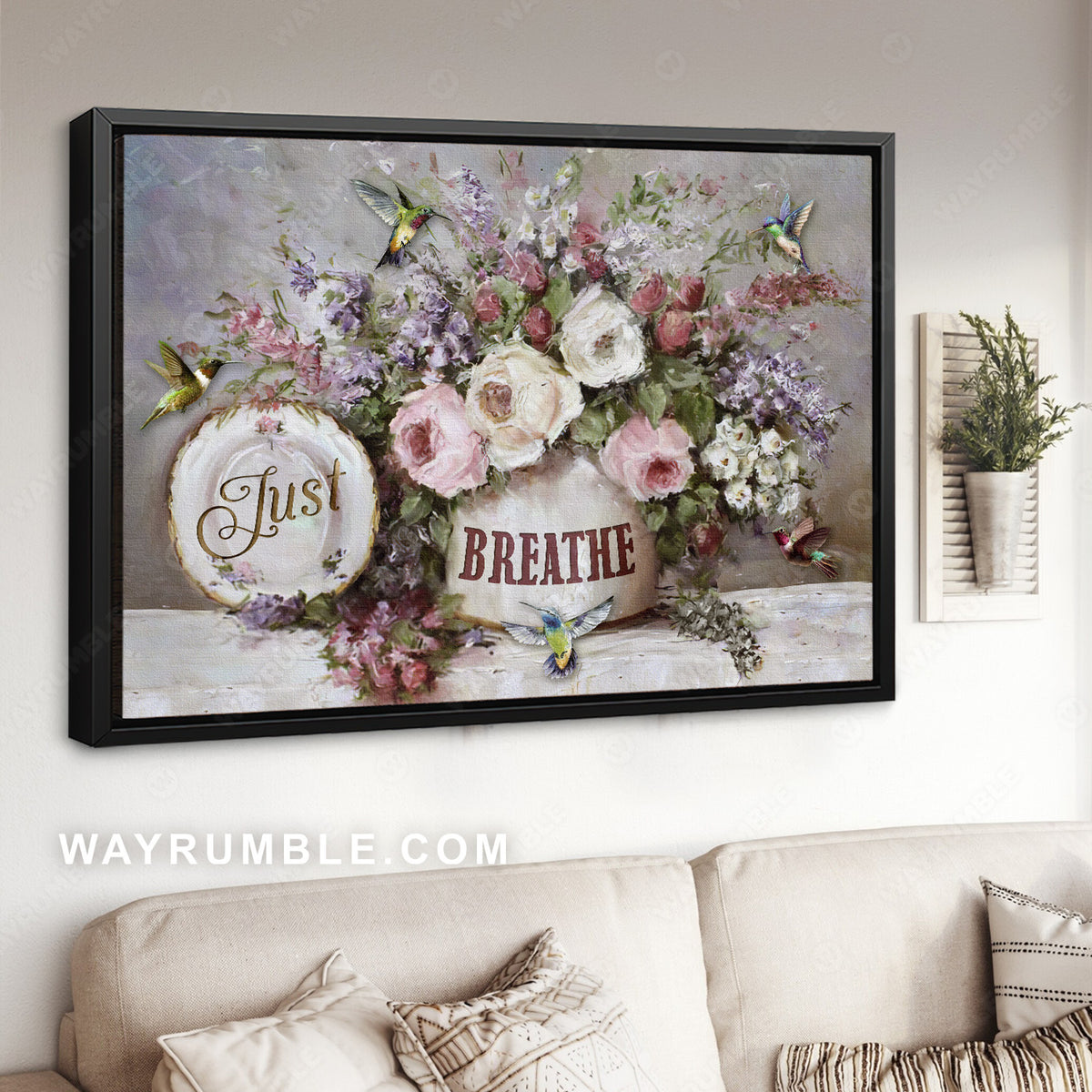 Pastel flower vase, Colorful hummingbird, Spring drawing, Just breathe - Jesus Landscape Canvas Prints, Christian Wall Art
