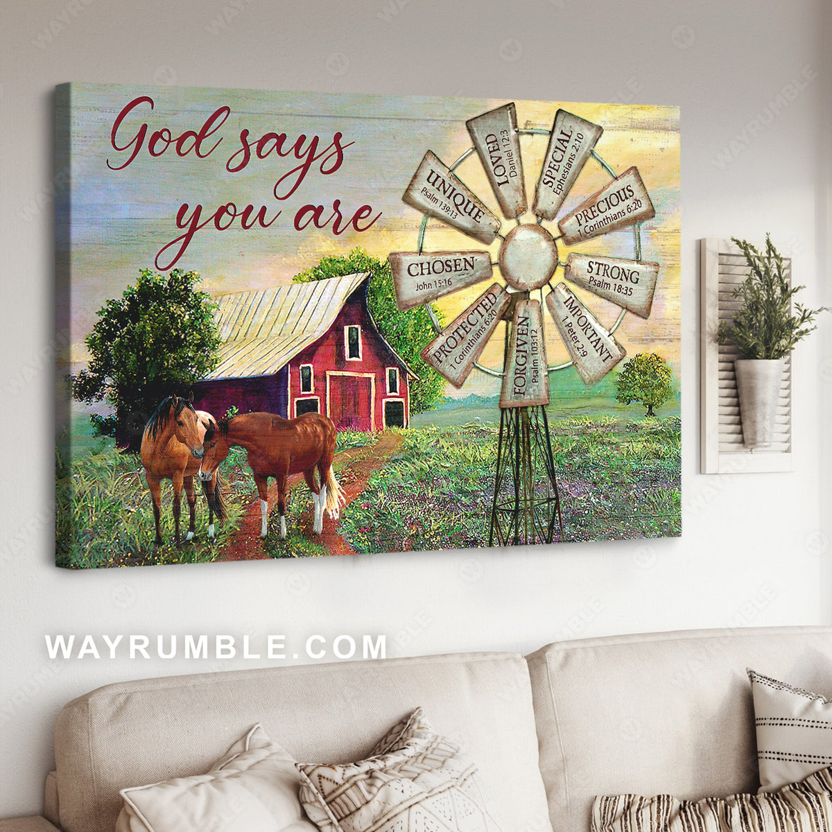 Old windmill, Red house, Wild horse, God says you are unique - Jesus Landscape Canvas Prints, Christian Wall Art