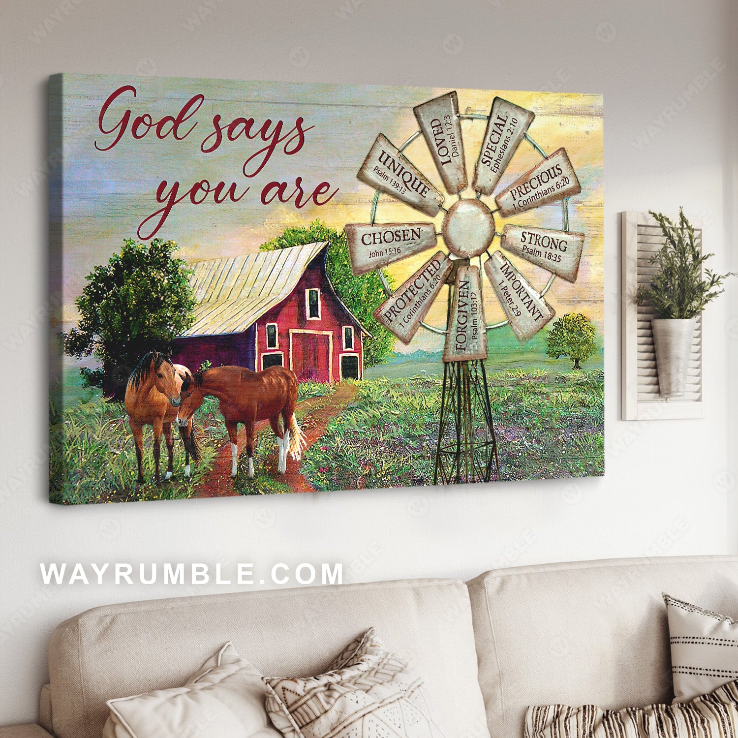 Old windmill, Red house, Wild horse, God says you are unique - Jesus Landscape Canvas Prints, Christian Wall Art