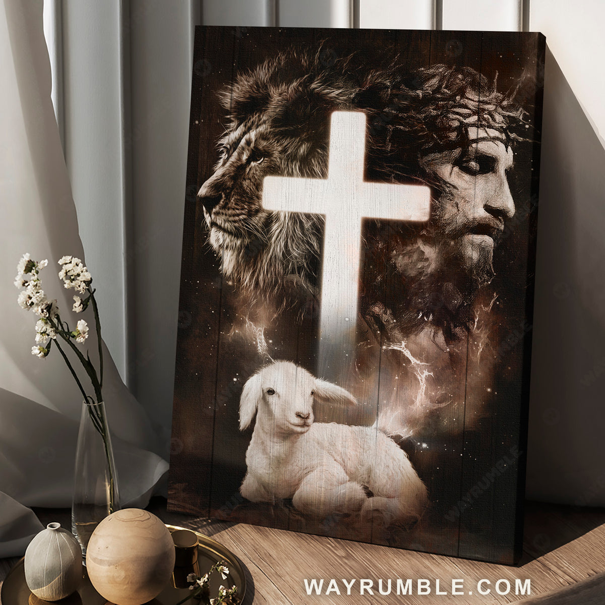 White cross, Cute lamb, Jesus painting, Crown of thorn - Jesus Portrait Canvas Prints, Home Decor Wall Art