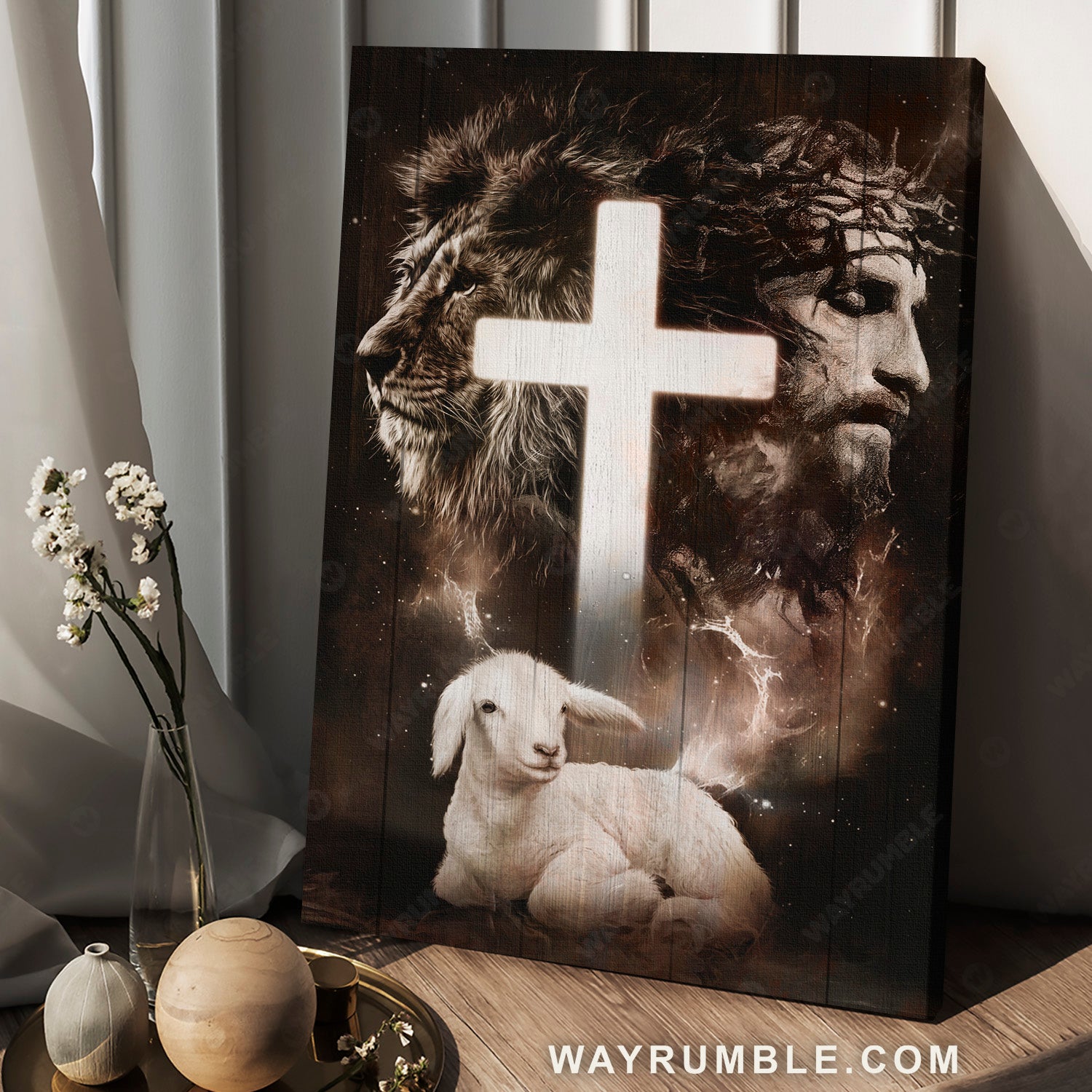 White cross, Cute lamb, Jesus painting, Crown of thorn - Jesus Portrait Canvas Prints, Home Decor Wall Art