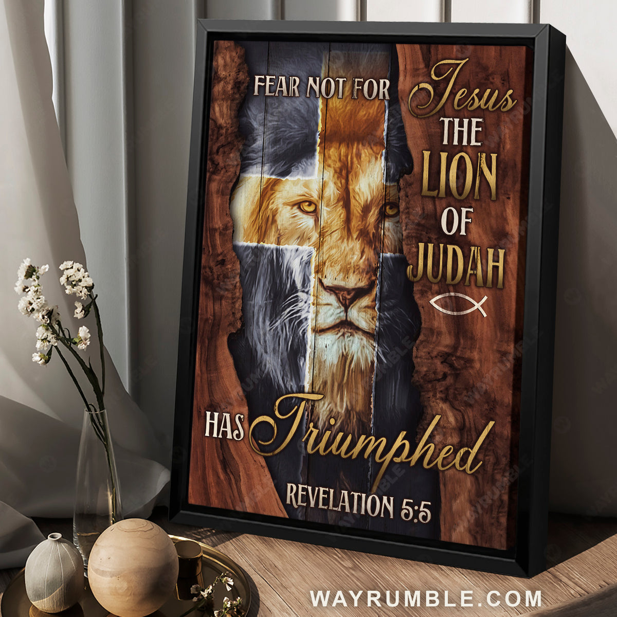 Stunning lion, Wooden frame, Pretty cross, Fear not for Jesus - Jesus Portrait Canvas Prints, Home Decor Wall Art