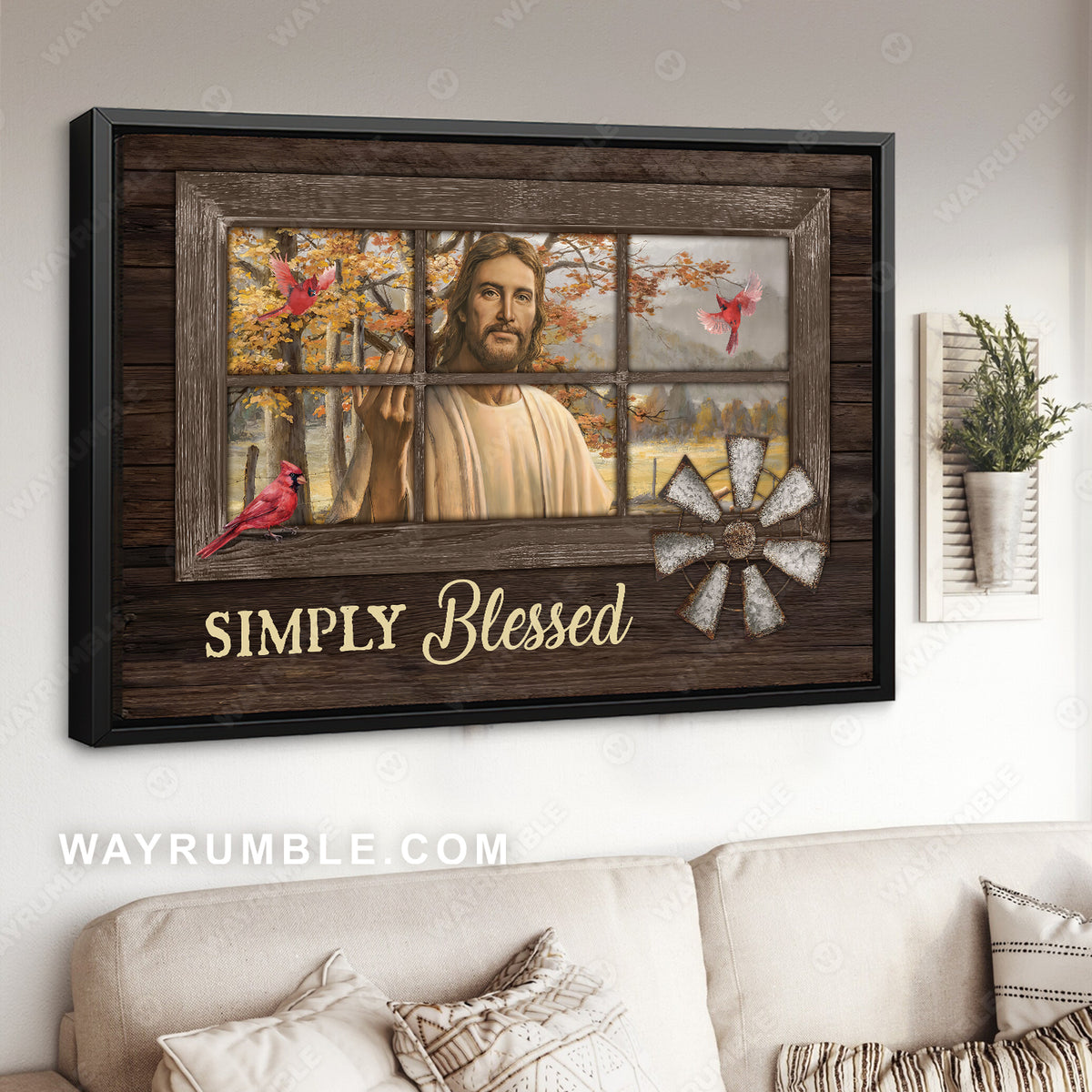 Beautiful Jesus face, Red cardinal, Autumn forest, Simply blessed - Jesus Landscape Canvas Prints, Home Decor Wall Art