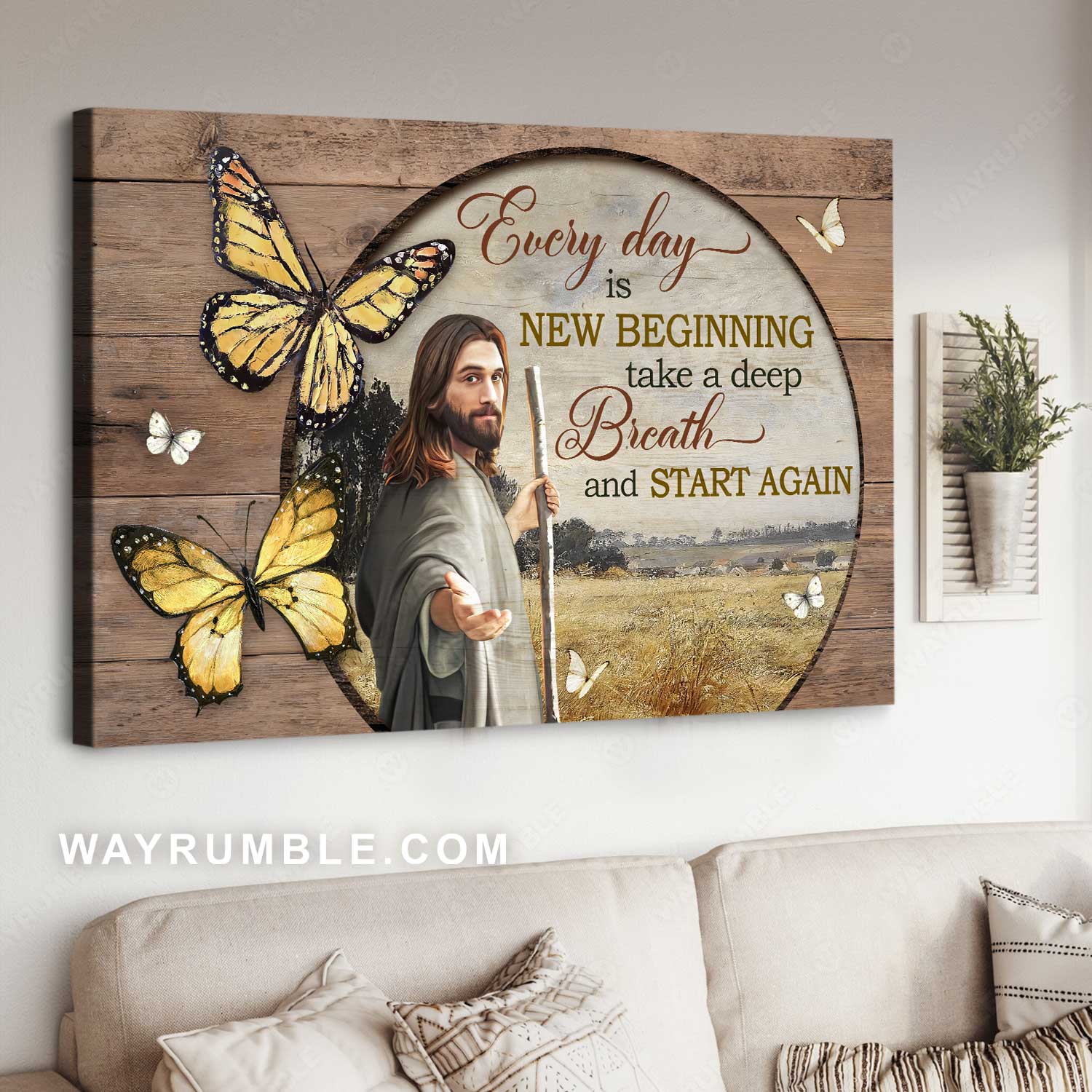Jesus calls, Yellow butterfly, Rice field painting, Every day is a new beginning - Jesus Landscape Canvas Prints, Home Decor Wall Art