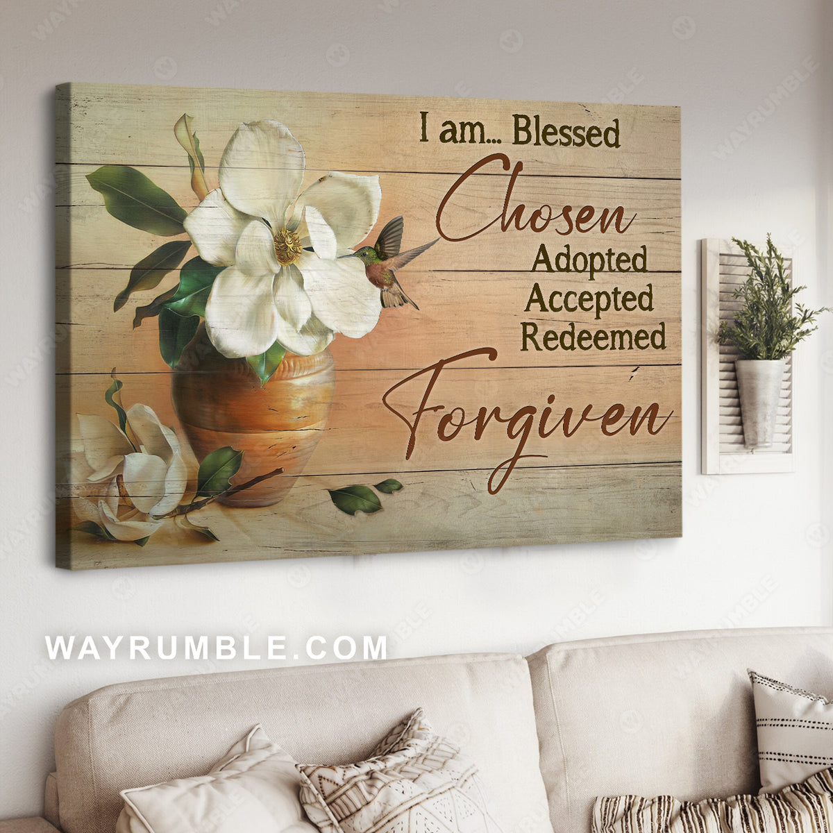 Jasmine flower, Hummingbird, Ceramic vase, I am blessed - Jesus Landscape Canvas Prints, Christian Wall Art