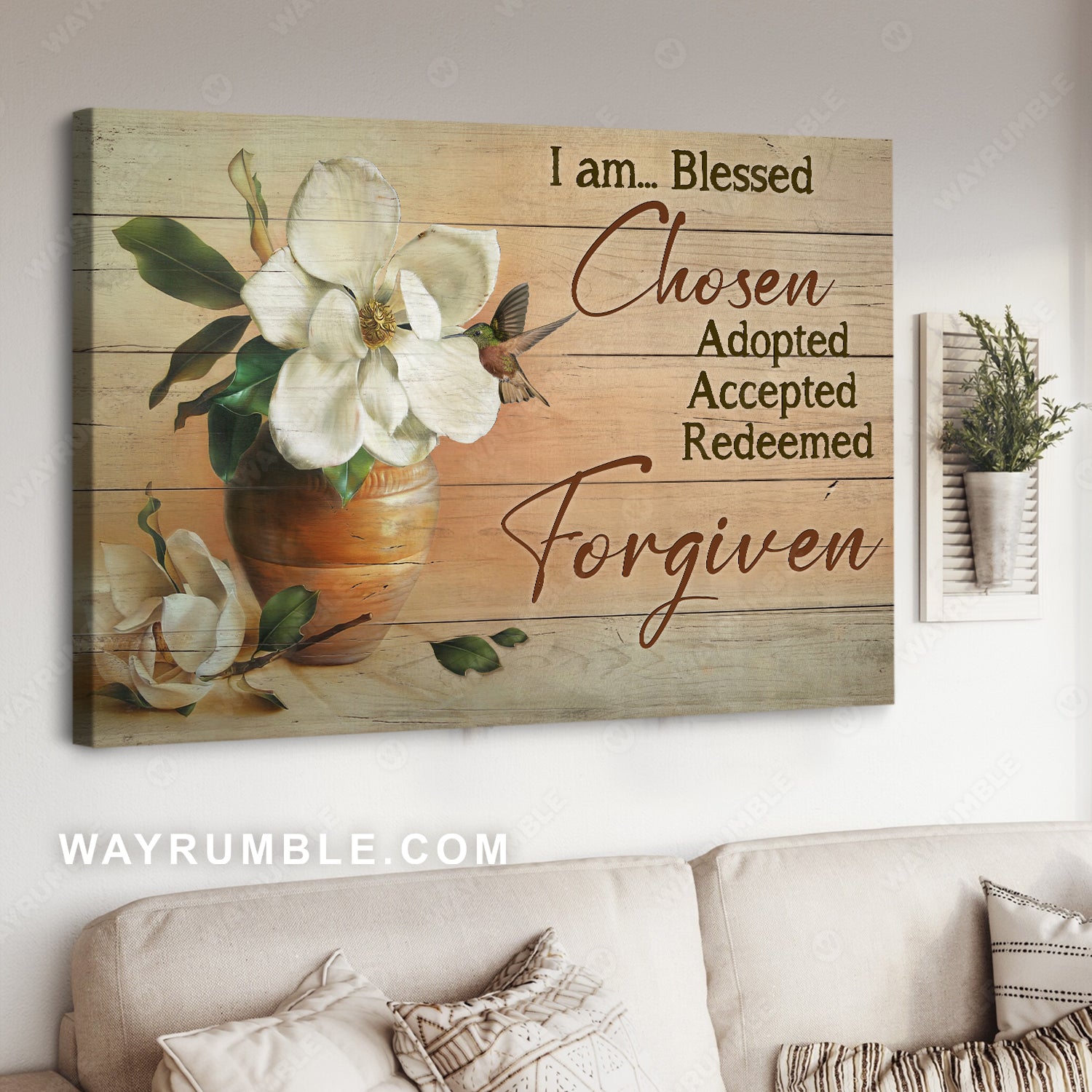 Jasmine flower, Hummingbird, Ceramic vase, I am blessed - Jesus Landscape Canvas Prints, Christian Wall Art