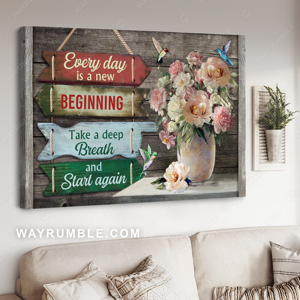 Light pink flower, Colorful hummingbird, Every day is a new beginning - Jesus Landscape Canvas Prints, Wall Art